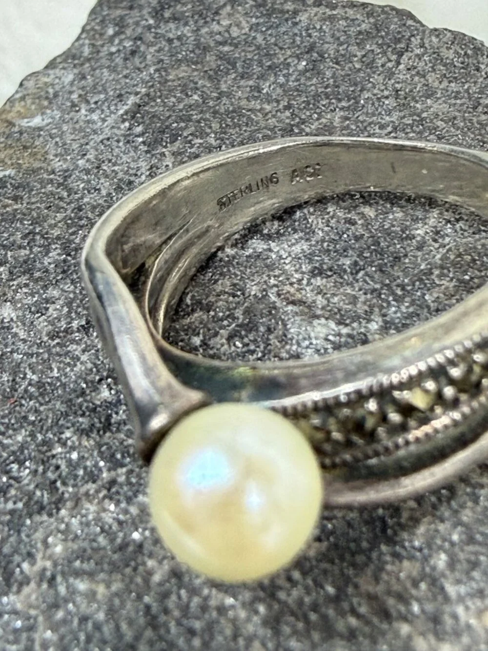 Sterling Silver Marcasite & Faux Pearl Ring Size 6.5